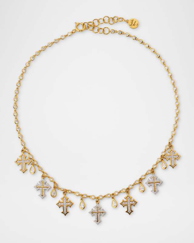 20K Diamond Cross and Pear Necklace with Bezels, 13.5"L